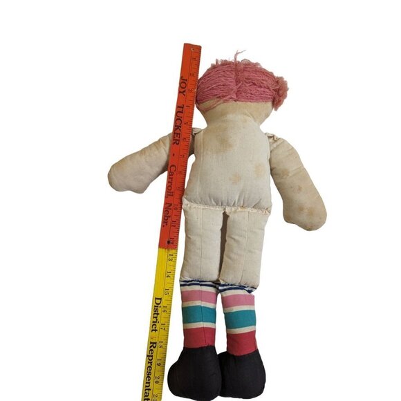Vintage Handmade Raggedy Ann doll Embroidered face 19" red green pink stripes - Picture 6 of 7